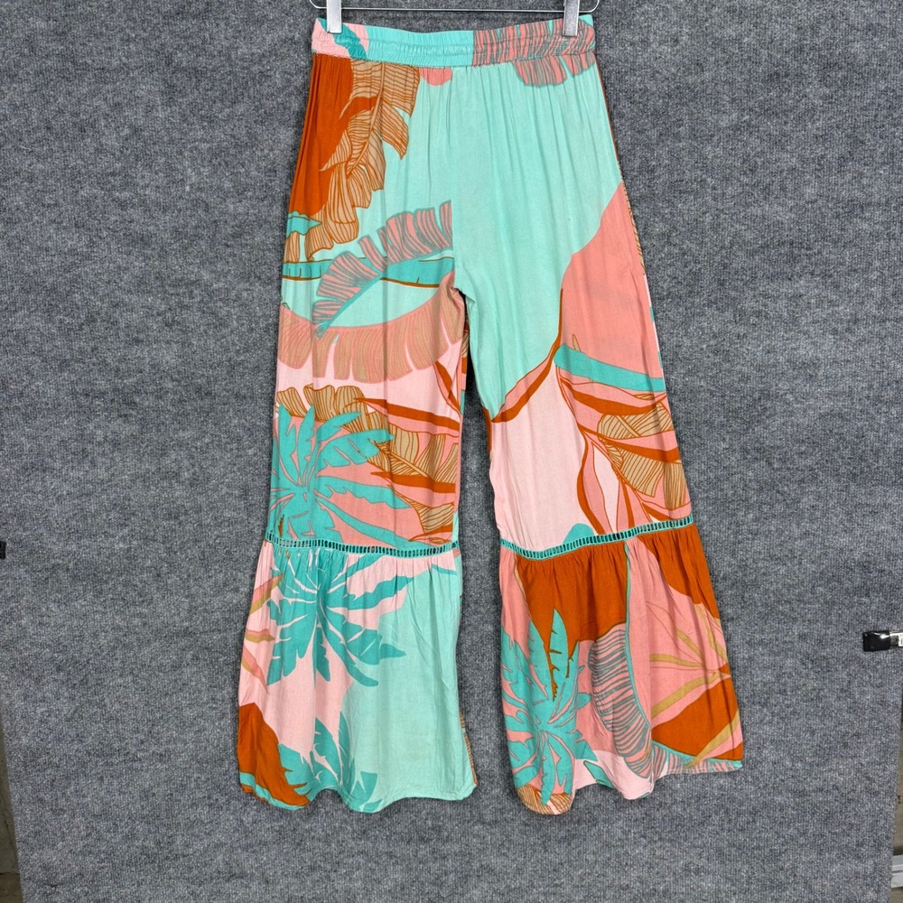 True Destinations Wide Leg Tropical Print Pull-On Pants Pink & Teal Womens Small - Picture 3 of 12